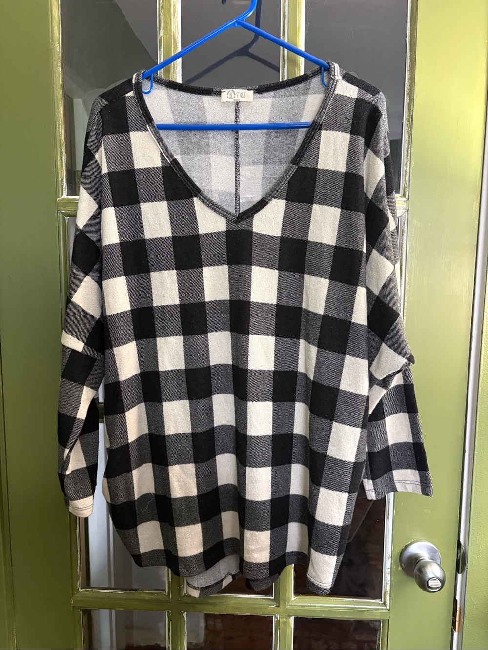 Relaxed V-Neck Black and White Buffalo Plaid Tunic